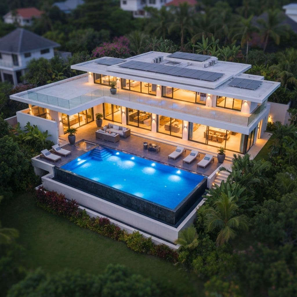 Luxury property aerial view at twilight